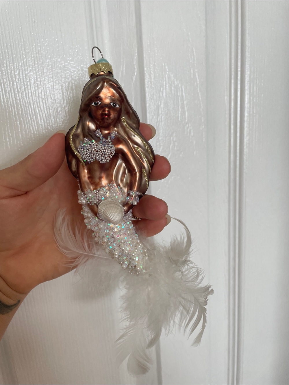 Glass Mermaid Ornament with Iridescent Beads and Feather Tail